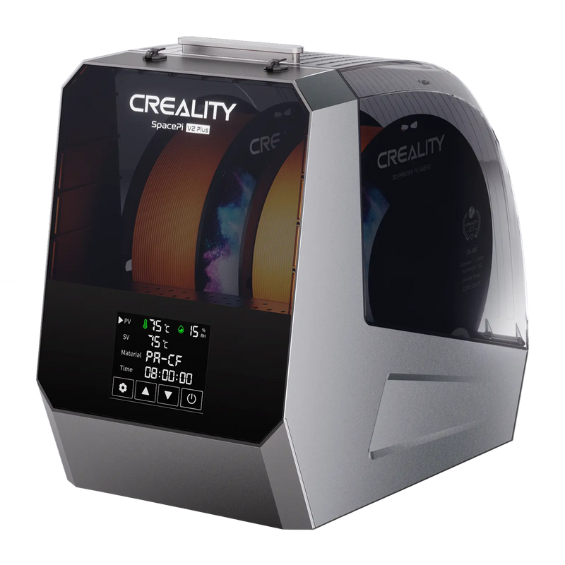 Creality Space Pi V2 Plus filament dryer holding two spools under a clear cover.
