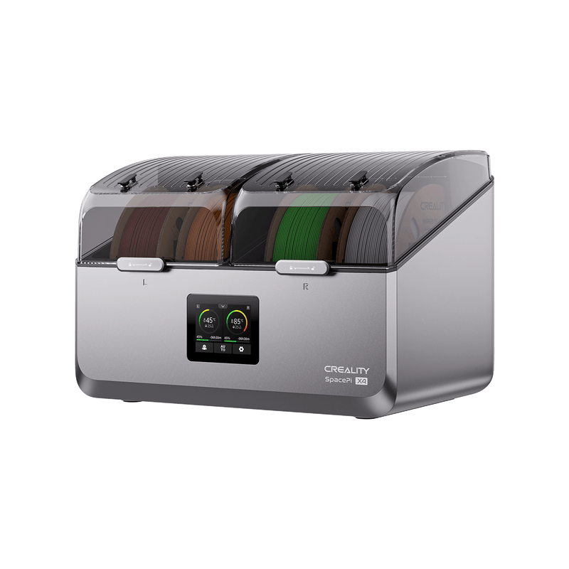 Creality SpacePi X4 filament dryer with two clear lids, four spools and a front touchscreen.