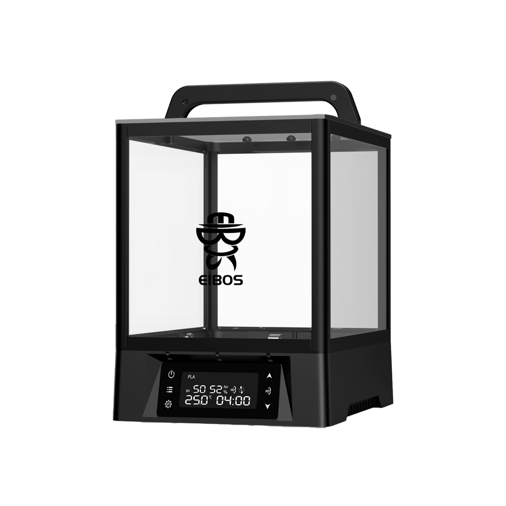 EIBOS Polyphemus filament dryer with a clear enclosure, carry handle and front display.