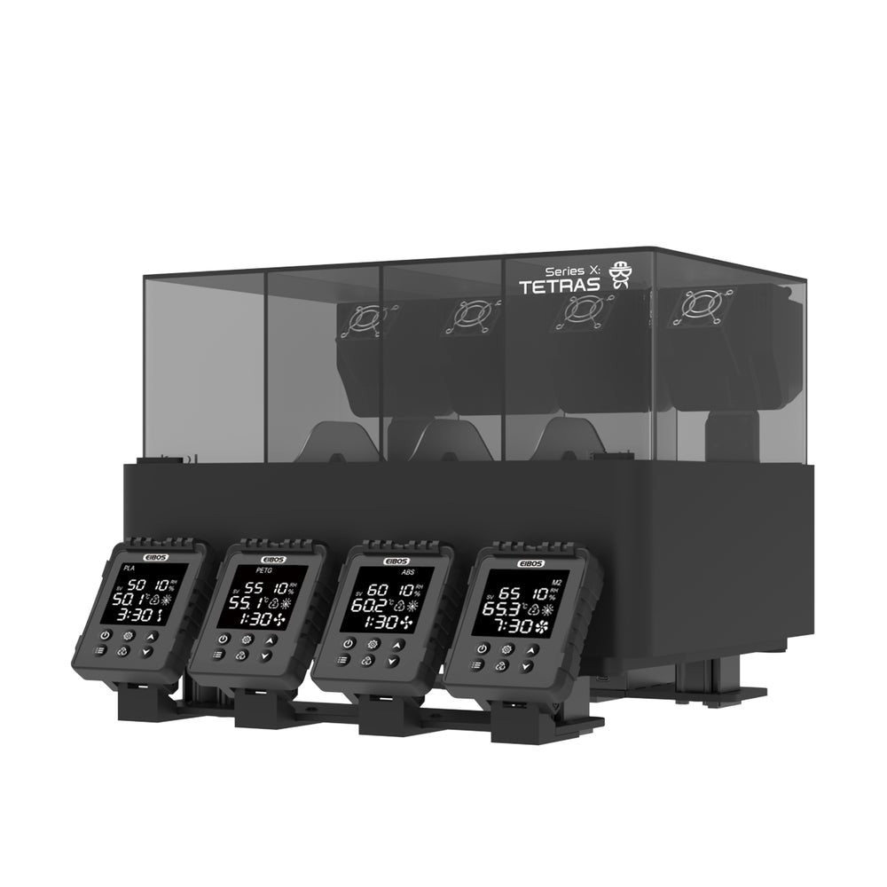 EIBOS Tetras filament dryer with four chambers and four front control panels.