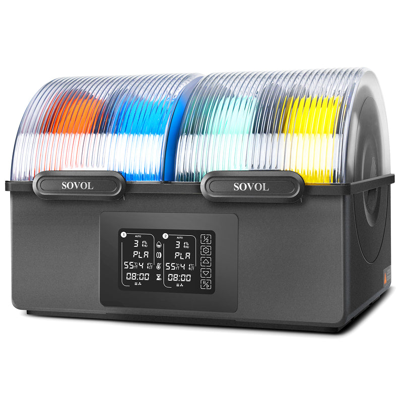Sovol SH03 filament dryer with two clear lids and four colorful spools.